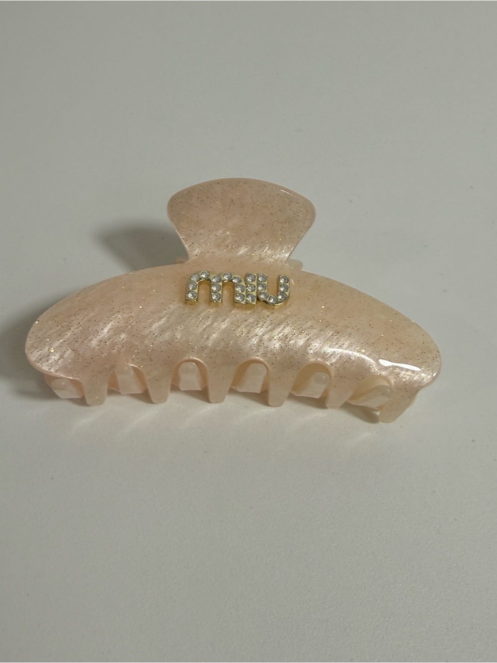Miu Miu Pearlized Light Pink Rhinestone Logo Hair Claw